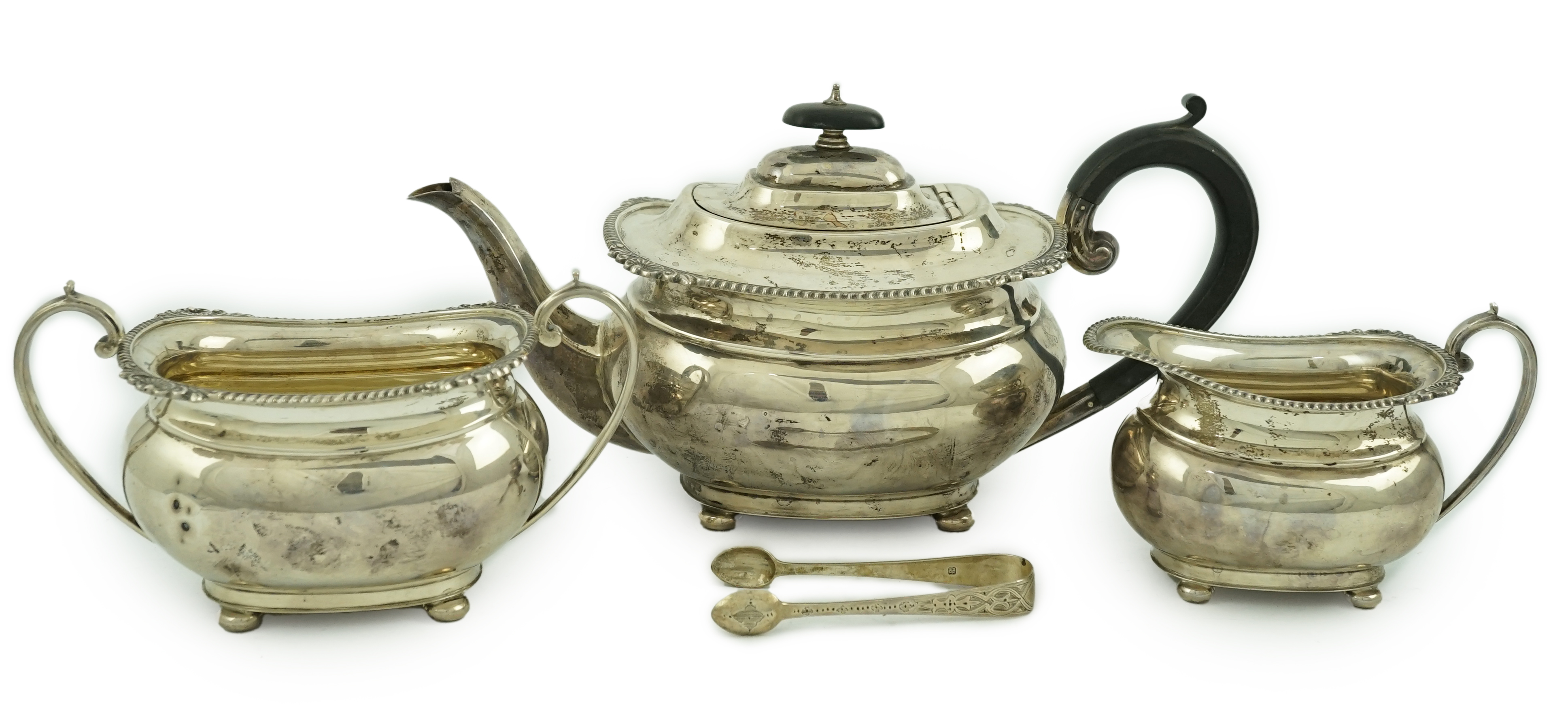 A George VI silver three piece tea set, by George Howson